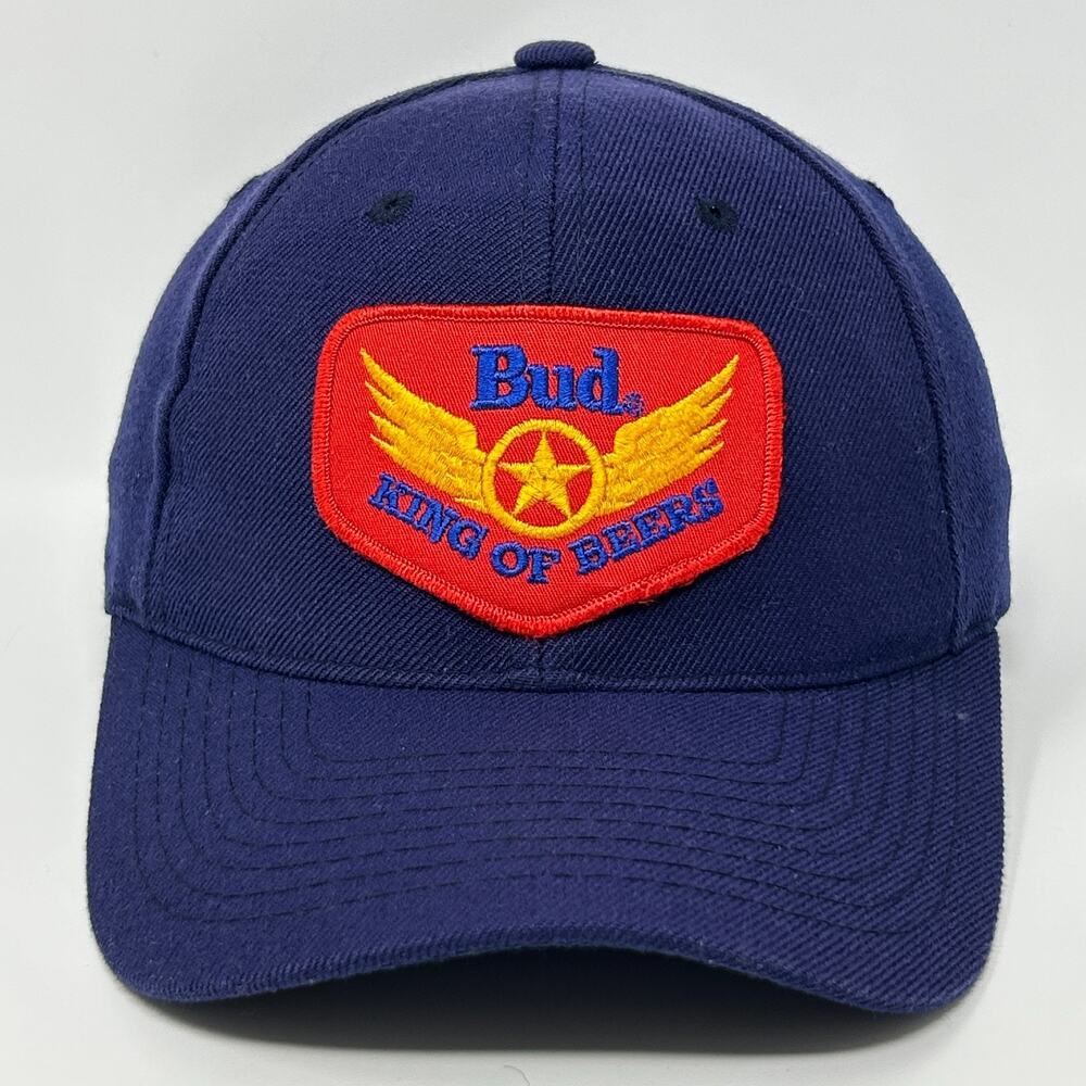 Vintage 90s Bud King of Beers Hat Baseball Cap Blue Air Force USAF Strapback